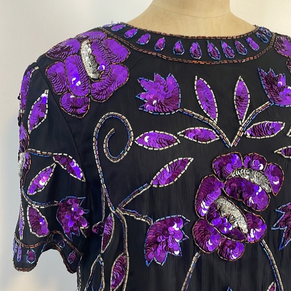 VTG Sequin Floral Top Large Black Purple Evening NWT Maximalist Pappel Glam 80s - Picture 5 of 16